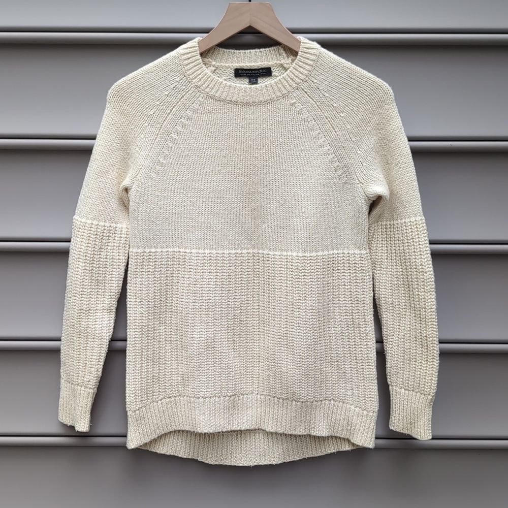 2000s Banana Republic Italian Yarn Wool Blend Crewneck Sweater Neutral Fisherman - Picture 1 of 4